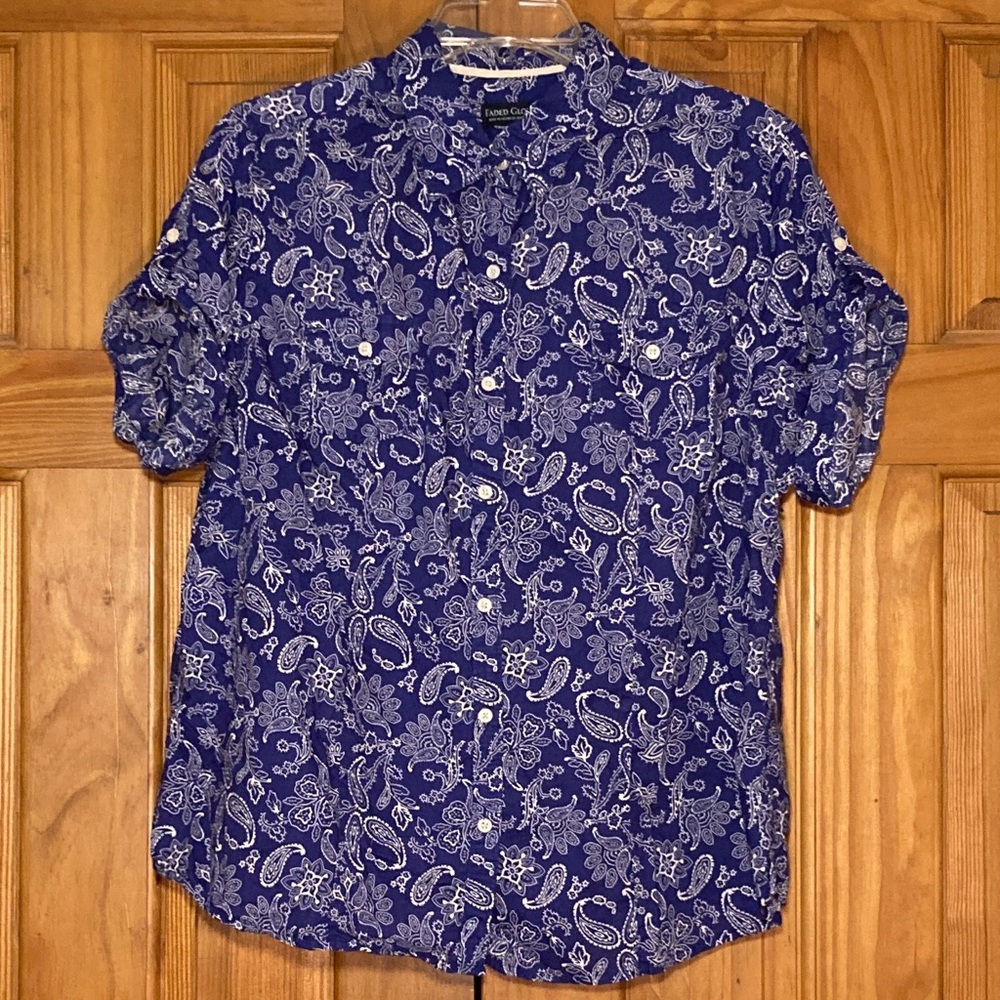 NWOT Faded Glory Vintage 90s Top Short Sleeve Blouse Blue White Size XL